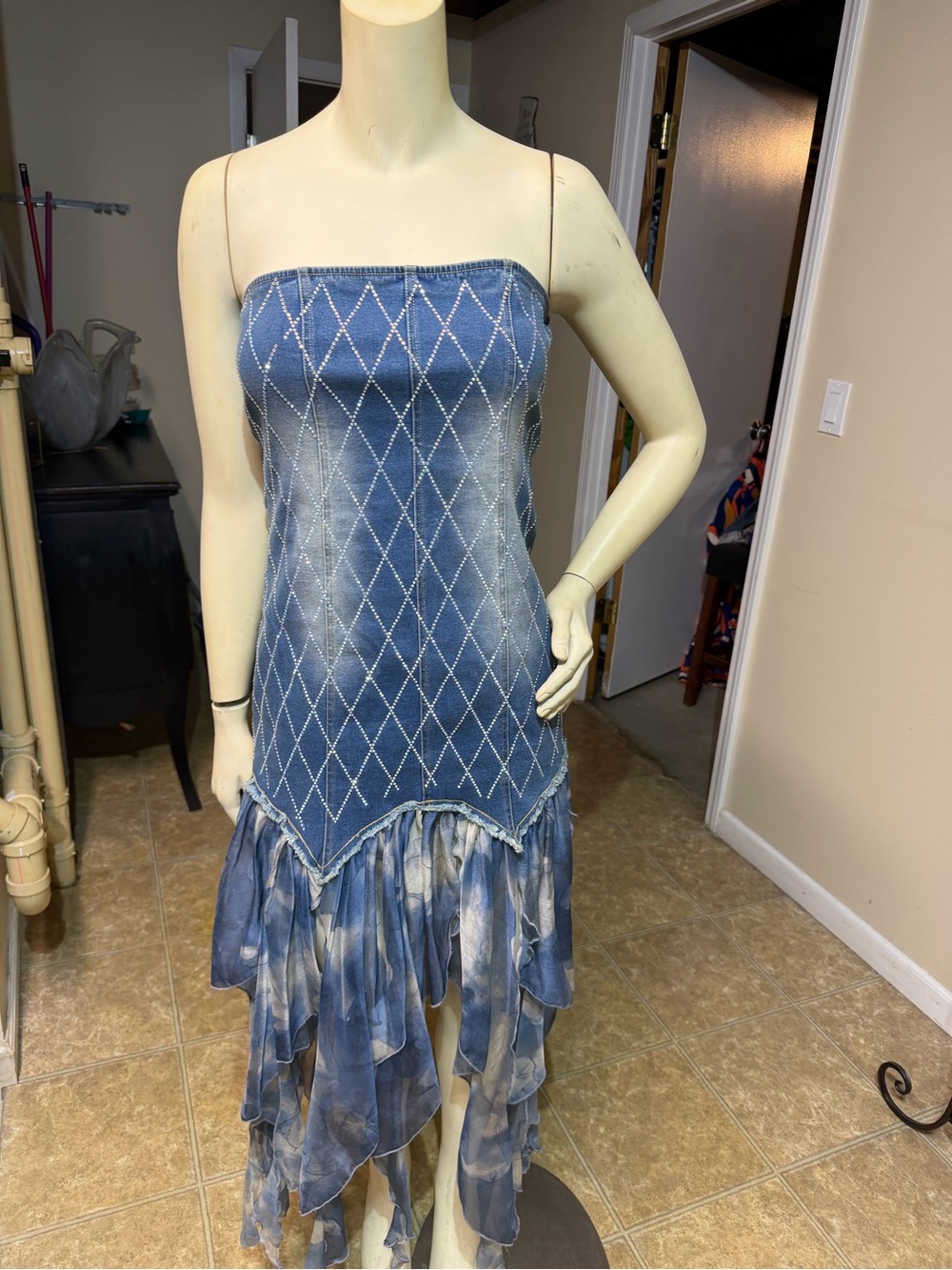 Strapless Blue Diamond-Print High-Low Dress